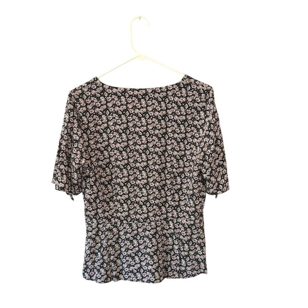 NAME YOUR PRICE • LOFT Black Floral Button Down Top Blouse Tie Sleeves Size 8 - Picture 5 of 9